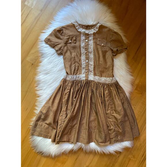 Vintage 1950s Drop Waist Brown w/ White Dot Dress, 5T - Picture 1 of 10